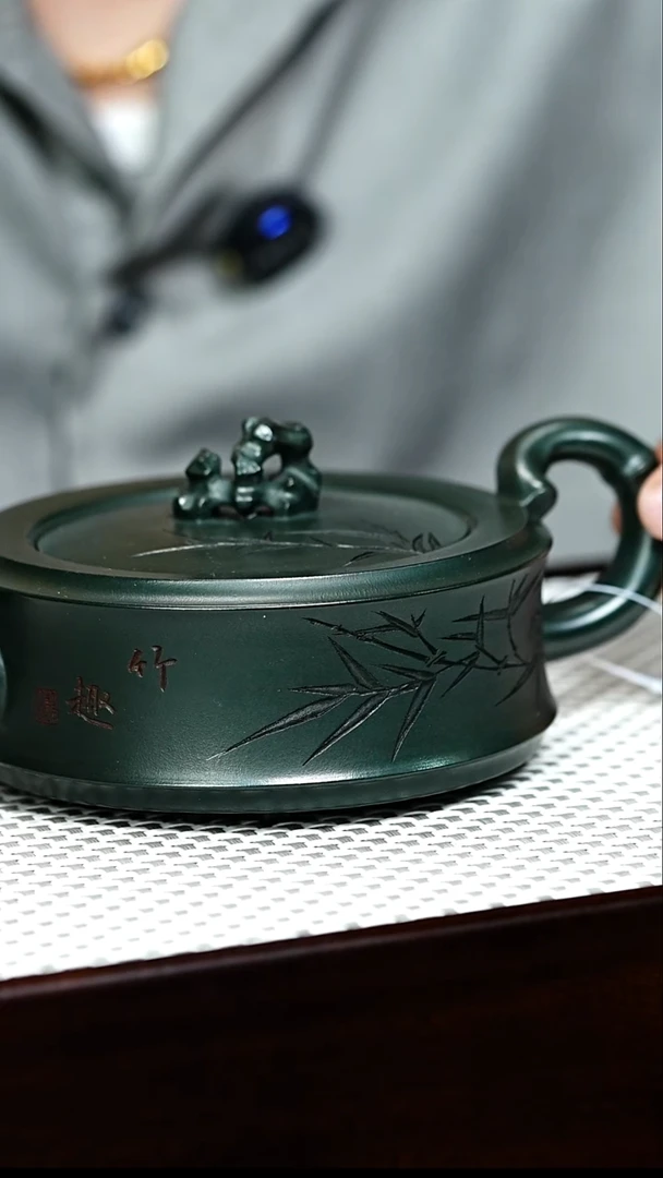 茶壶紫砂宜兴紫砂 竹韵周盘 绿泥 谭青h450