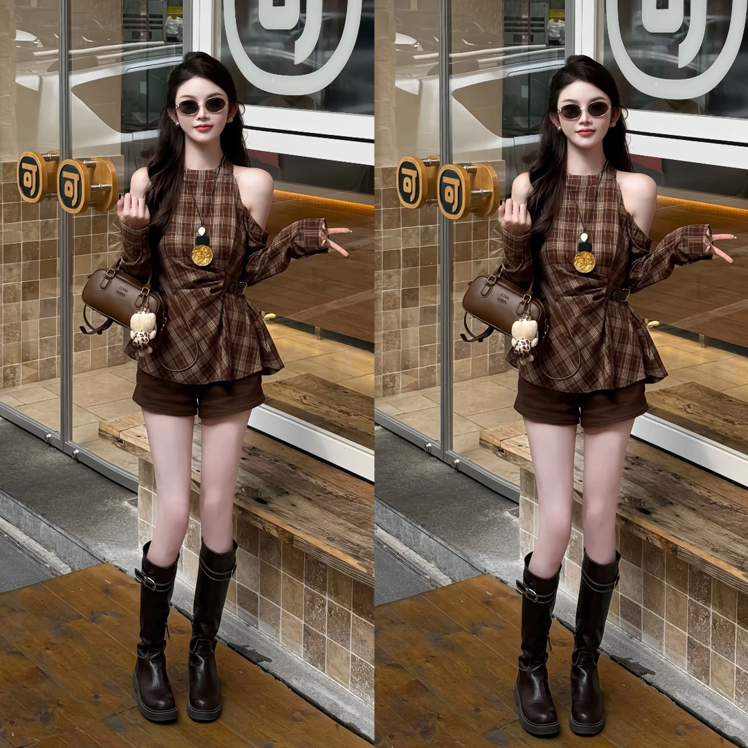 “率性出街”小众显白辣妹番禧露肩设计感收腰格纹上衣