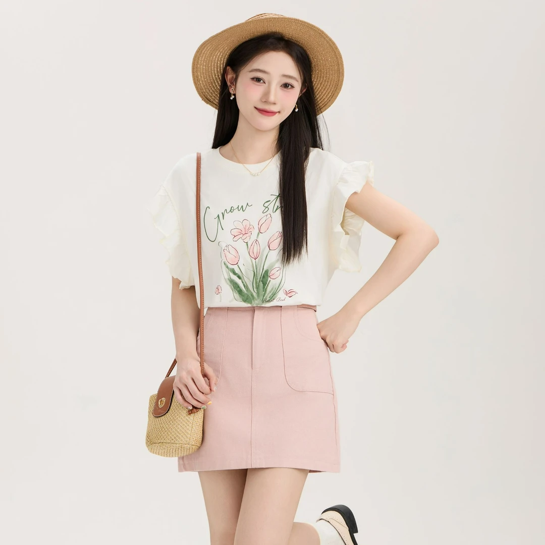 慕兔法式花朵印花设计感上衣2025夏季新款百搭显瘦甜美温柔短袖潮