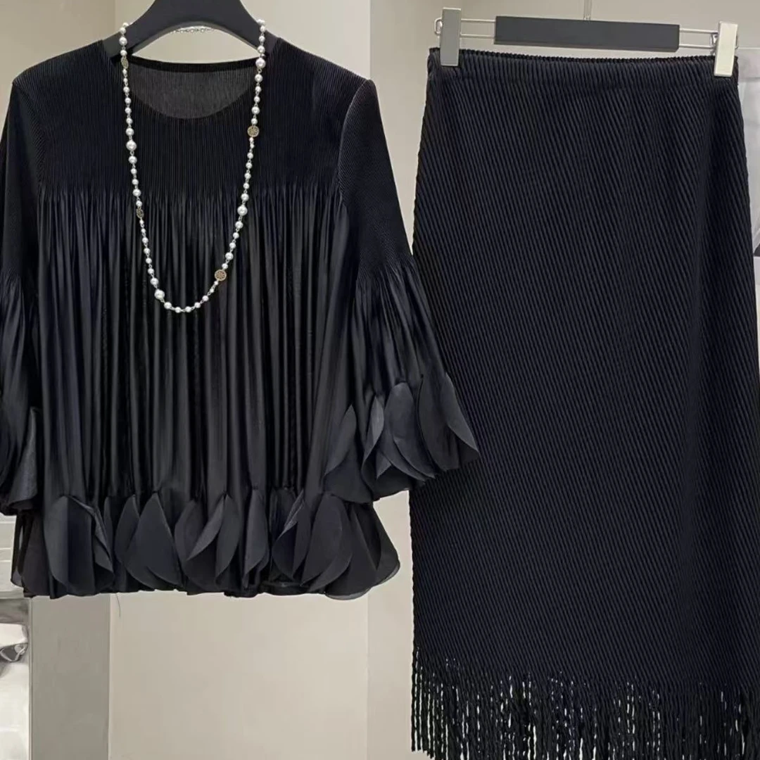 2025春季新款褶皱女装纯色时尚百搭重工压褶上衣半裙