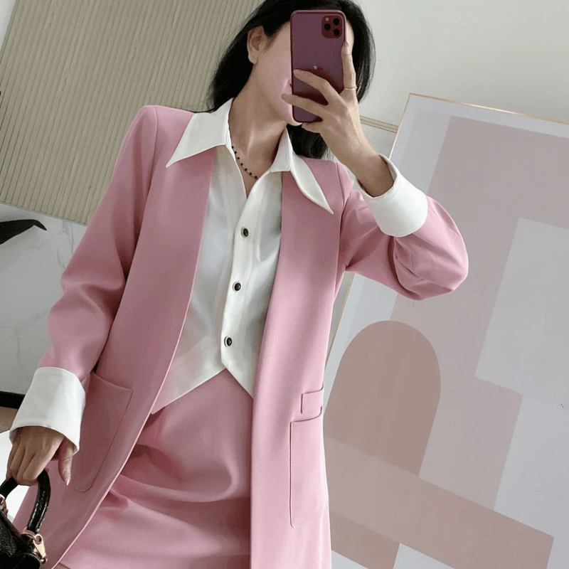 1007韩版款洋气裙套装女2025春季新款拼接假两件西装外套+半身裙