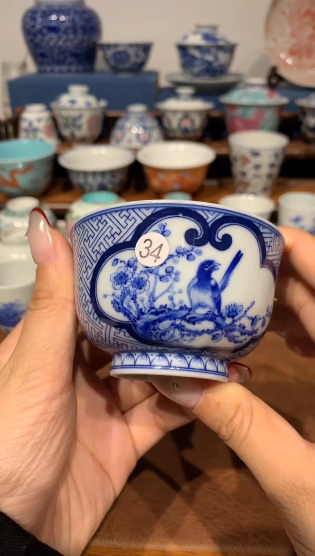 【闪购商品】摆件34青花开窗花鸟微瑕杯额