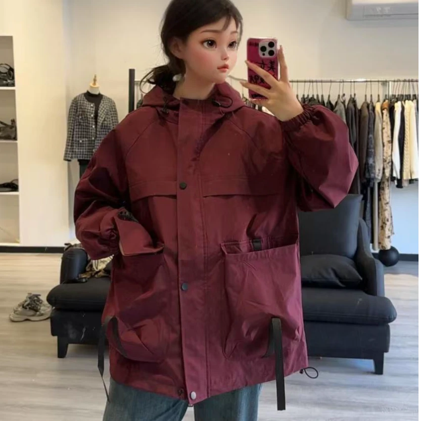 77195 春秋运动短款休闲百搭连帽宽松韩版潮流红色户外冲锋衣外套
