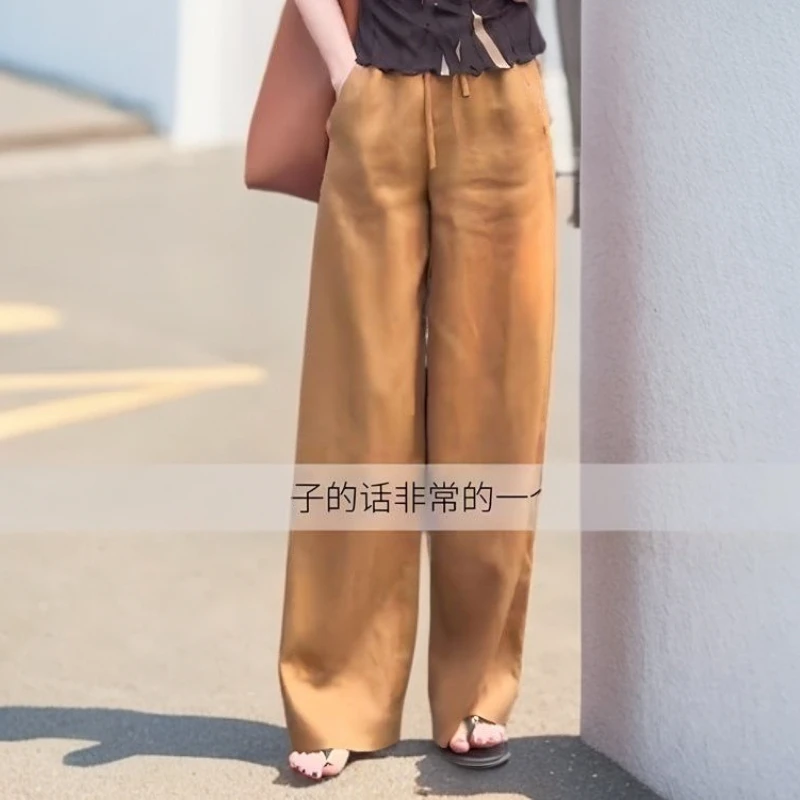 金棕色休闲裤女夏季新款时尚高腰显瘦时尚百搭宽松直筒阔腿后妈裤