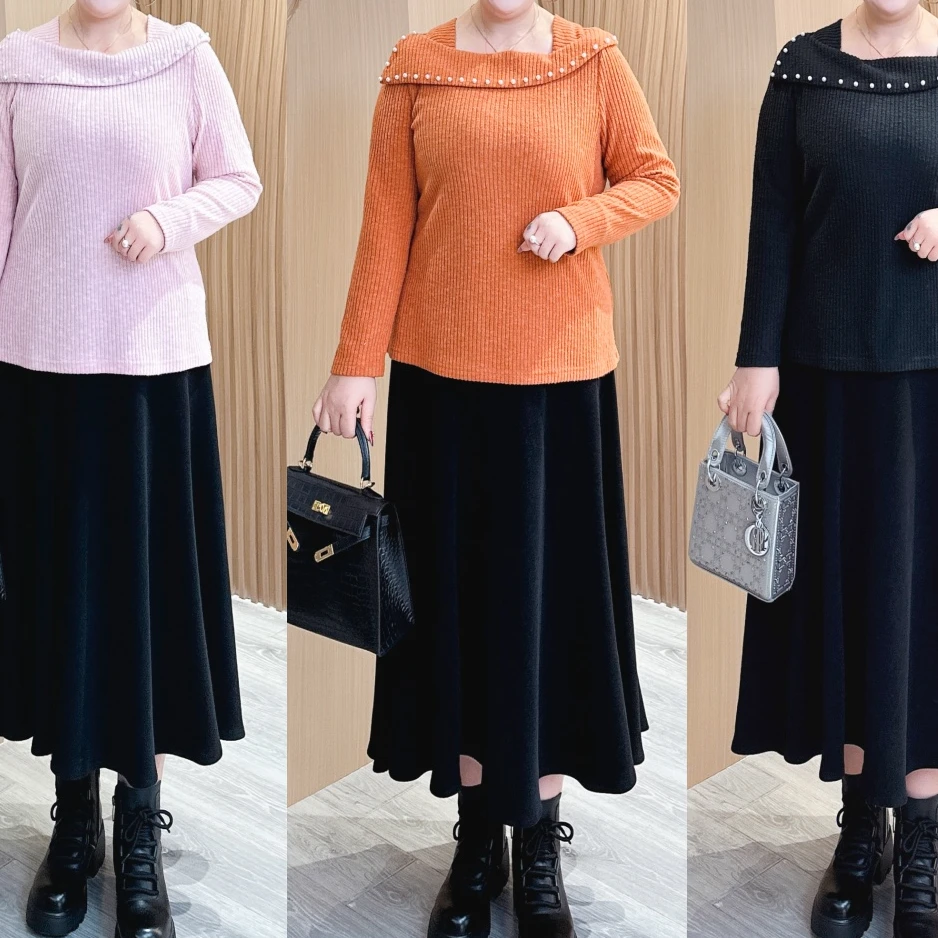 【苹果现货清清】MJ9157秋季上新气质简约百搭一字肩钉珠拼接上衣