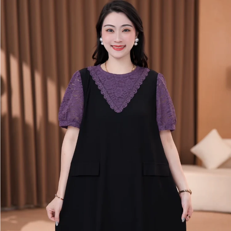 木棉林大码女装紫色蕾丝拼接连衣裙夏季新款气质显瘦裙子ZB6834