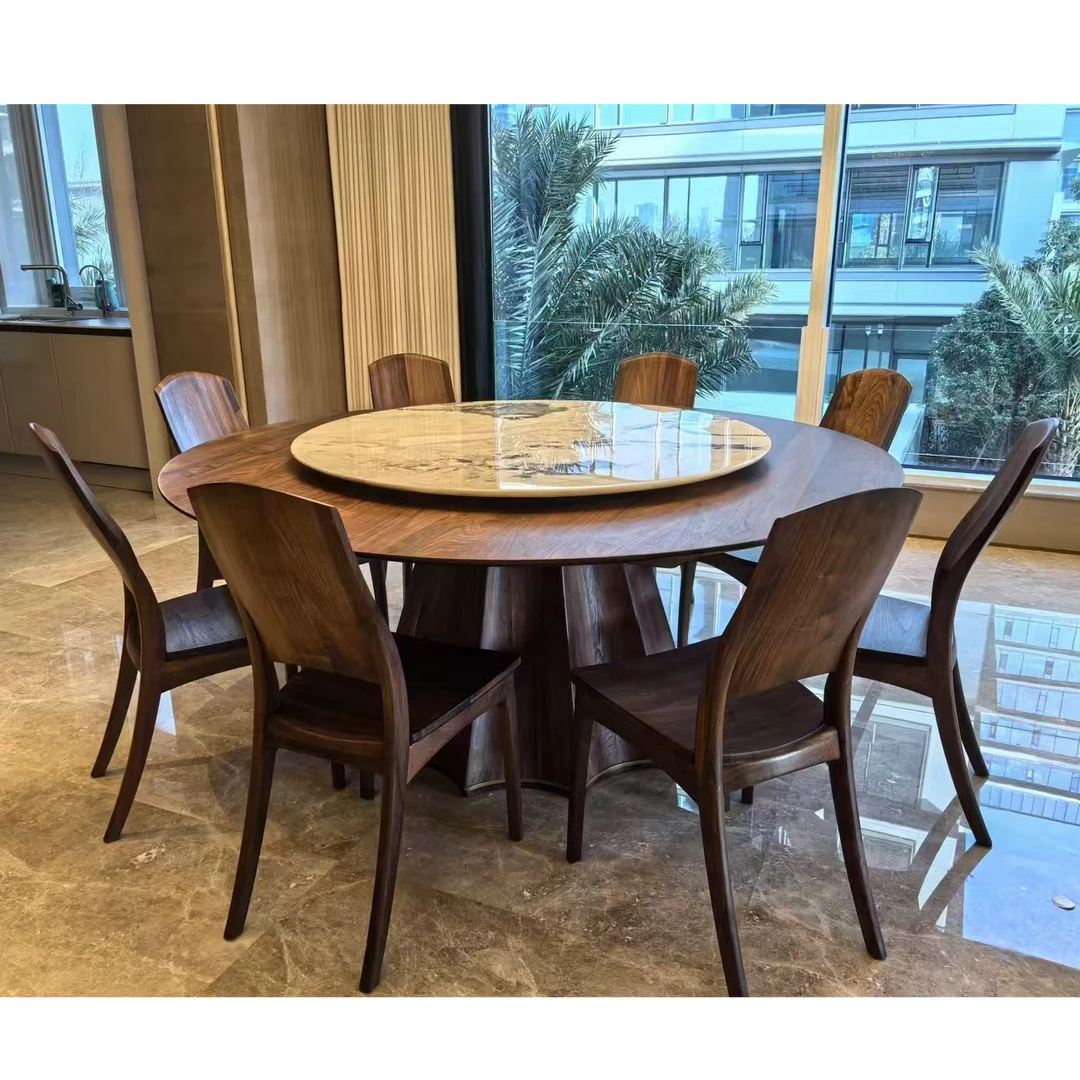 北美黑胡桃圆餐桌实木转盘餐桌实木岩板餐桌定金轻奢