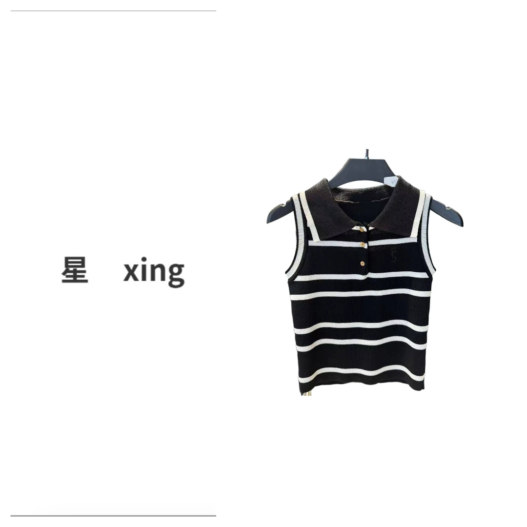 081 Y夏装新款小翻领条纹针织无袖背心上衣54174