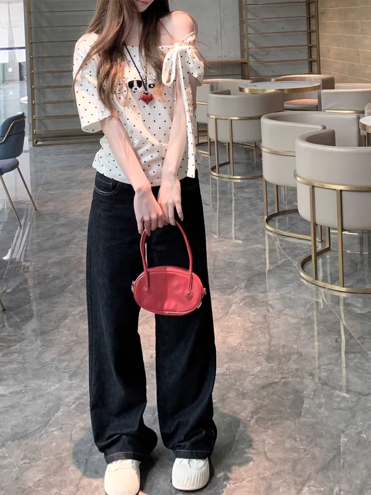 设计感波点卡通刺绣 飘带扭结斜肩T恤