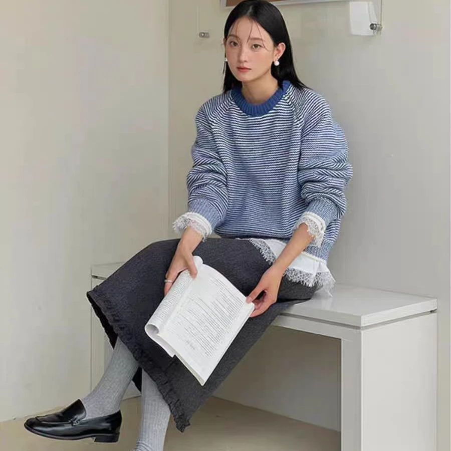 【蓝色条纹圆领毛衣】汉堡家蓝色条纹圆领毛衣0108