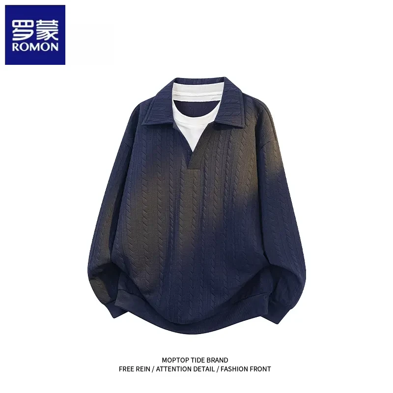 罗蒙设计感假两件翻领卫衣男秋冬季新款休闲百搭宽松纯色长袖上衣