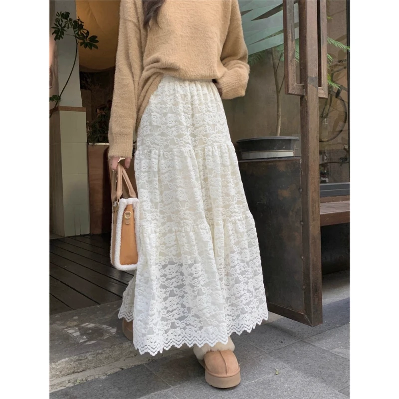 韩系温柔风蕾丝加绒高腰半身裙女夏季2025新款垂感显瘦百搭长裙子