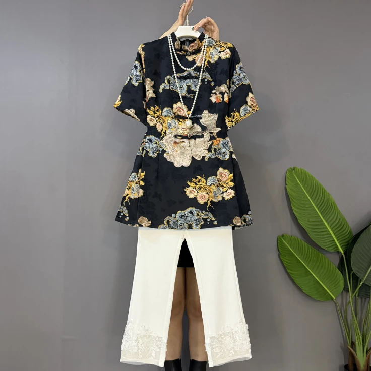 新款大码女装时尚气质复古盘扣新中式遮肉大衫十裤子