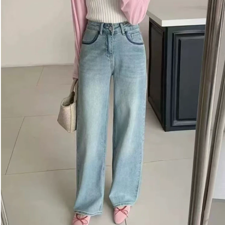 717夏季新款高腰显瘦复古时尚后口袋撞色拖地牛仔直筒裤女