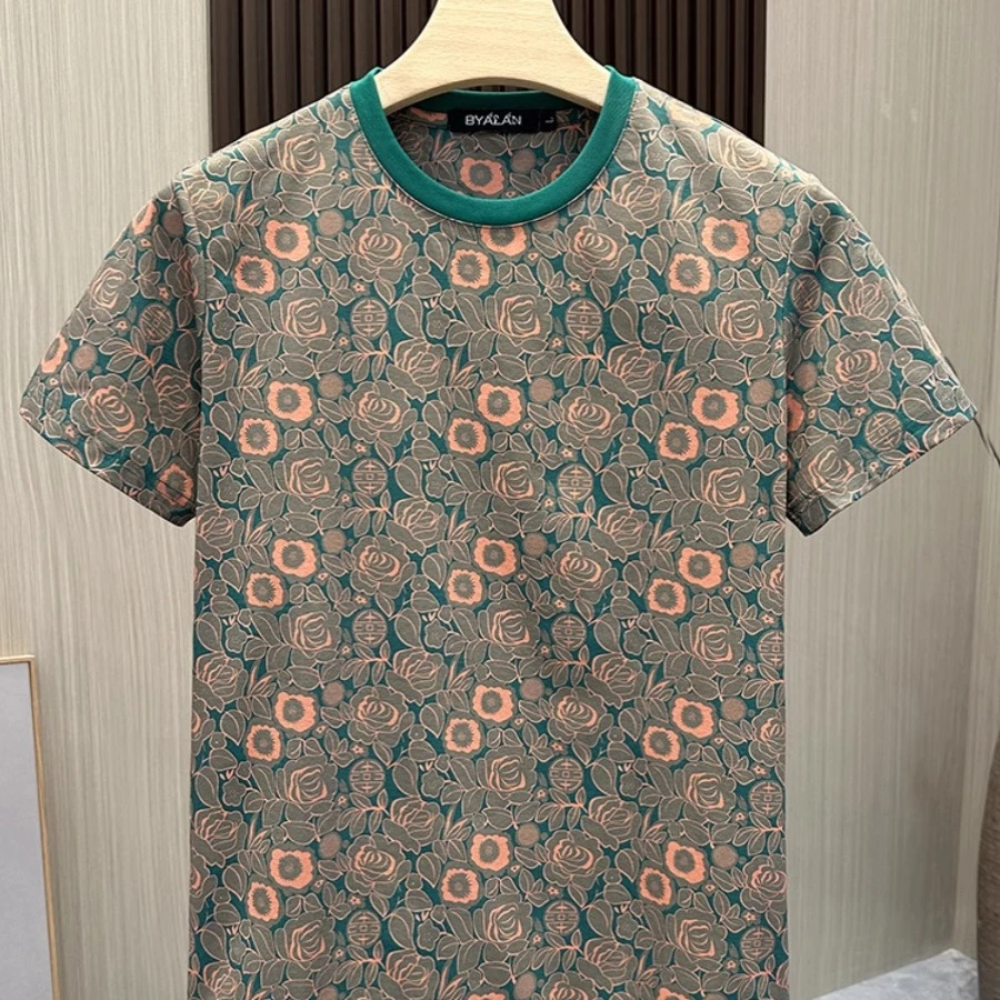 2024夏季新款韩版男士印花短袖时尚花色修身圆领t恤薄款半袖上衣