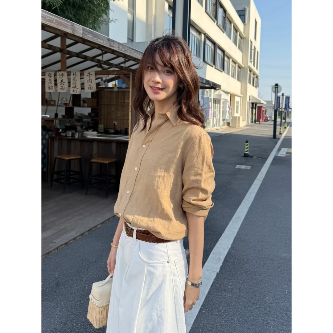 小马刺绣经典亚麻长袖衬衫