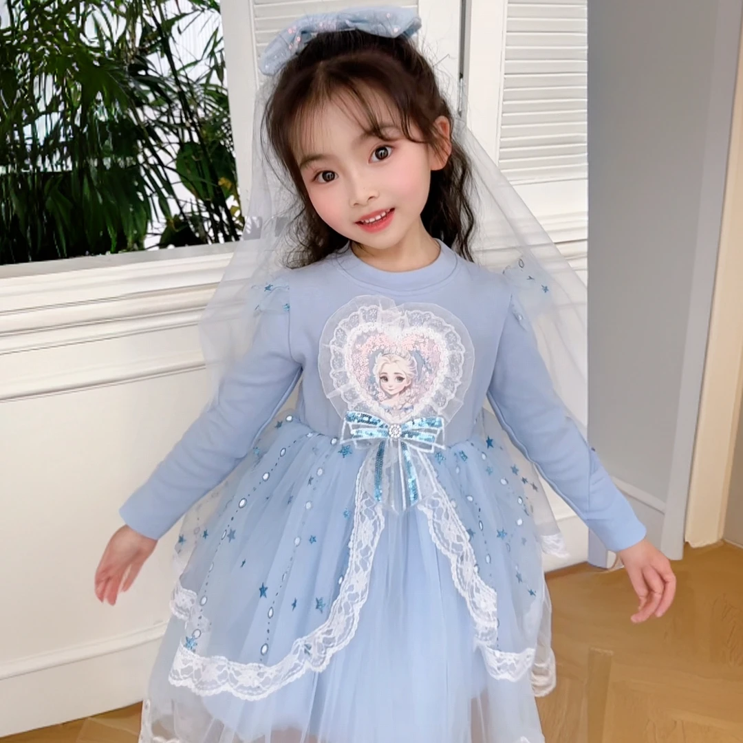 花网艾莎连衣裙女童春季长袖针织洛丽塔裙子女孩子公主裙春秋