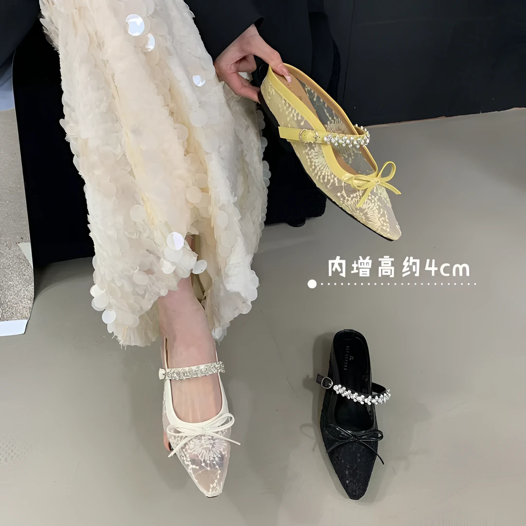 梦梦家 56-77 法式小香风水钻包头拖鞋女夏蕾丝百搭配裙子小坡跟