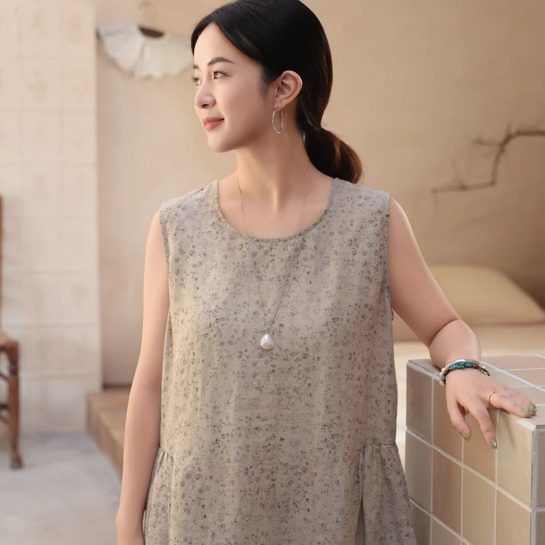 【享系列·黄金纱】60支纯汉麻双雨露碎花无袖印花连衣裙FSY50607