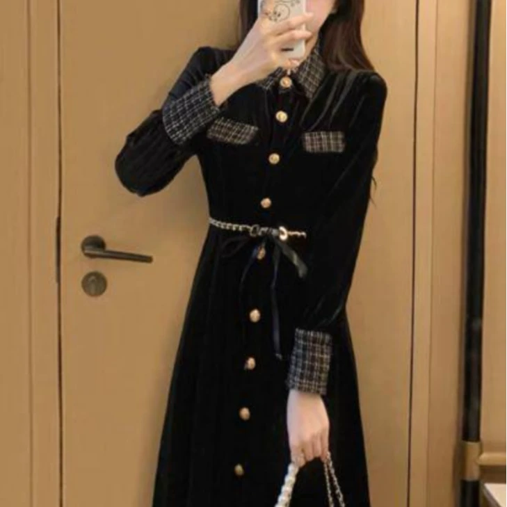 长裙气质名媛纯色长袖秋冬连衣裙潮流拼接气质春季FF0017