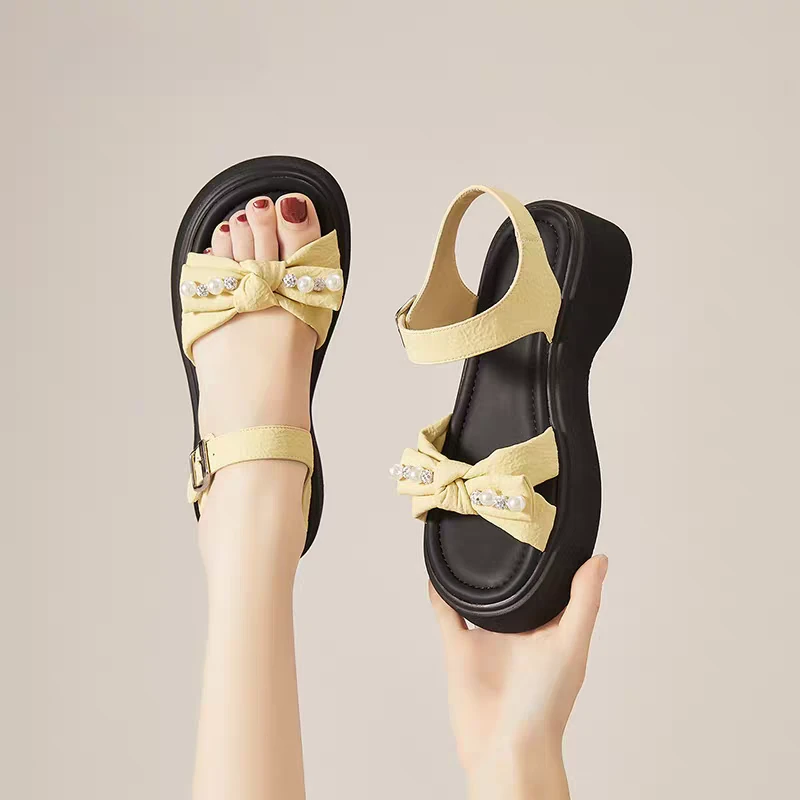 【鞋爱】116-3罗马鞋一字式扣带厚底蝴蝶结露趾时尚凉鞋