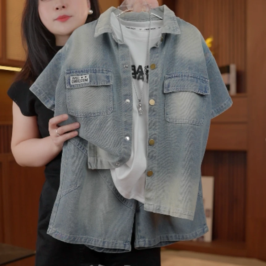 牛仔韩版夏季2025衬衫复古纯色男童洋气时尚常规三件套