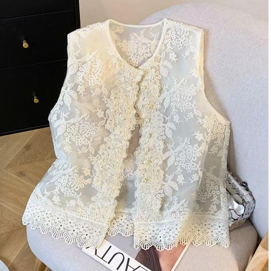 新款轻奢时尚减龄洋气百搭重工绣花国风新中式蕾丝夏季马夹