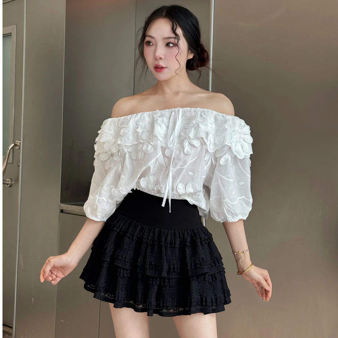 重工蕾丝花边拼接荷叶边夏高腰显瘦半身裤裙时尚新品不规则a裤裙