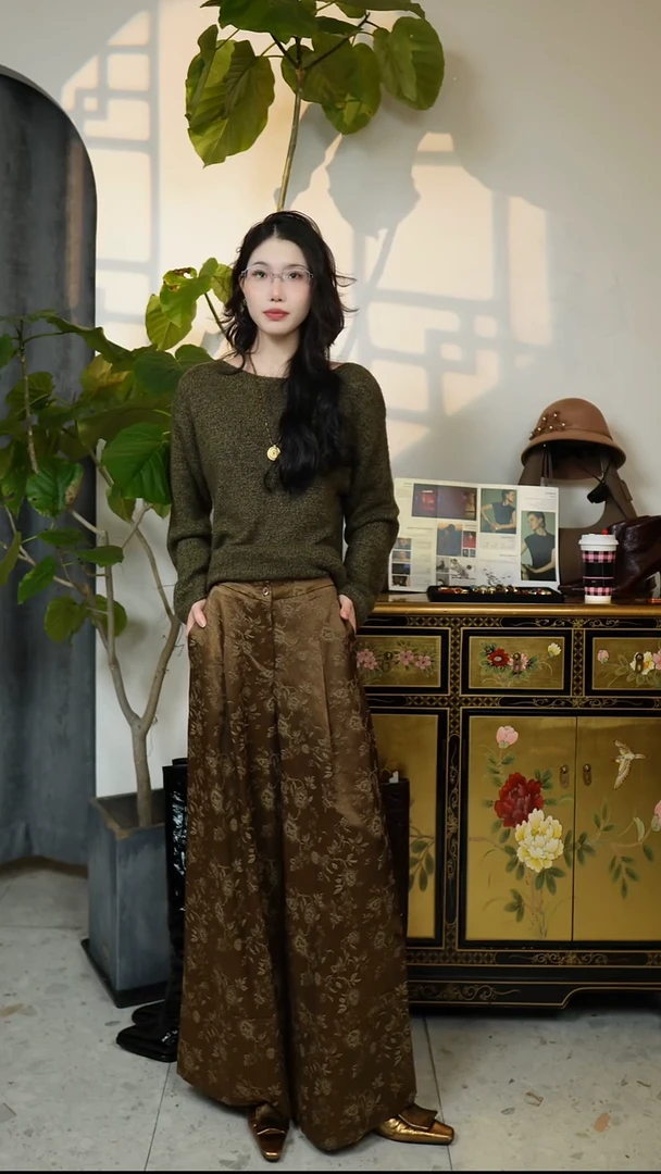 L码（松紧腰62-78腰围），新中式提花丝麻阔腿裤，香槟色