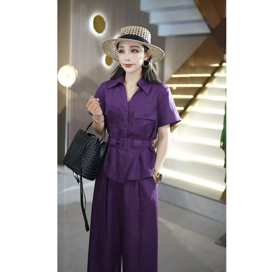 夏季超显瘦时尚气质收腰版亚麻直筒裤裤子女士两件套装ML25870TZ