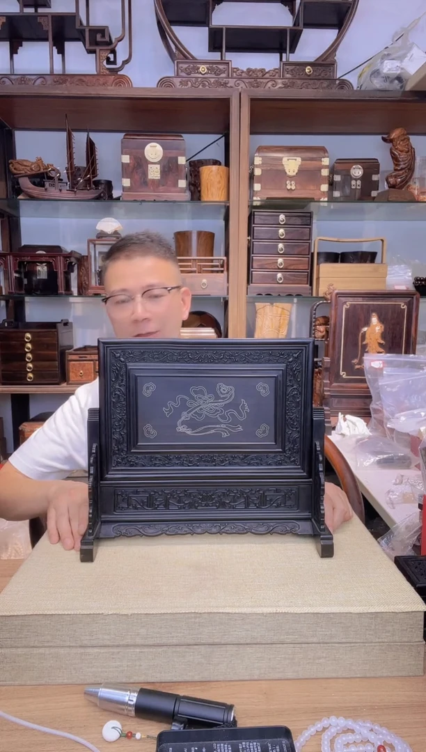 乌木类书架026紫光檀双面掐丝台屏  瑕疵