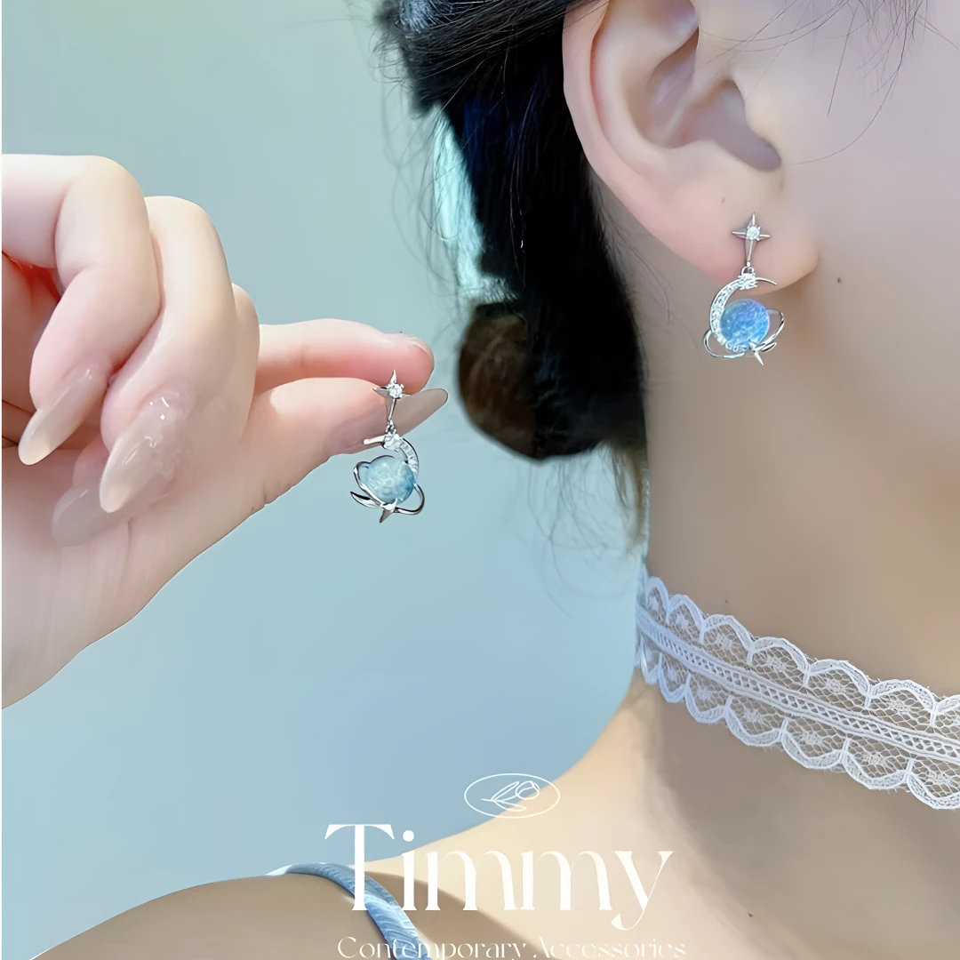 925银针 梦幻星空 蓝色高级耳环气质轻奢简约超仙耳饰小众耳钉
