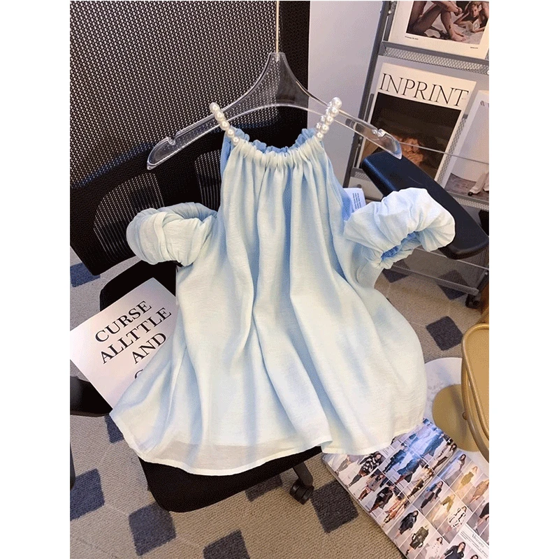 固质法式泡泡袖珍珠挂脖雪纺衫女夏款高级感遮肚子娃娃衫露肩上衣