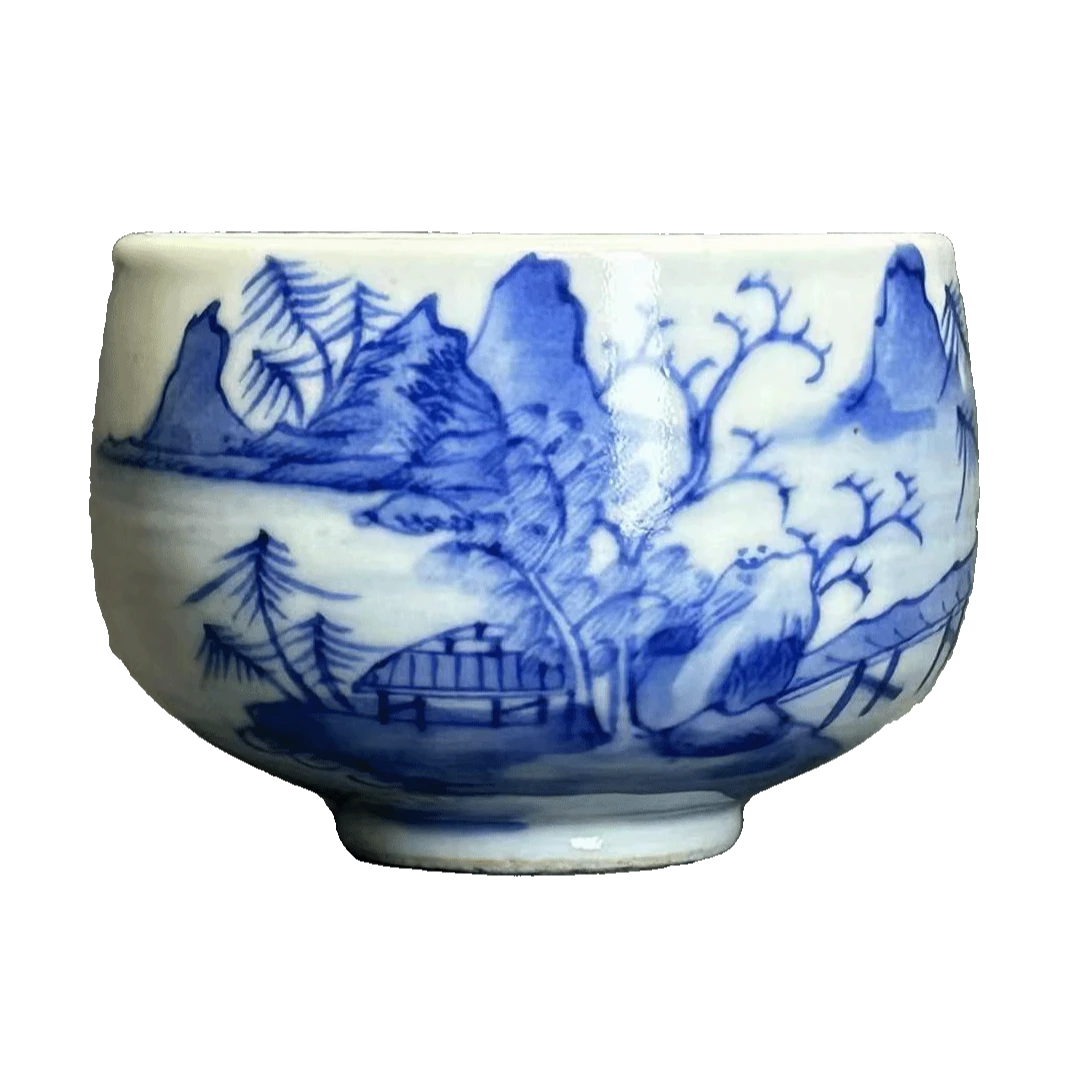 25154146x青花山水江中泛舟诗文杯