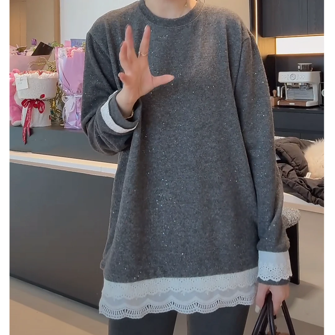 设计感拼接蕾丝花边亮丝长袖T恤女秋冬韩系复古圆领中长款打底衫