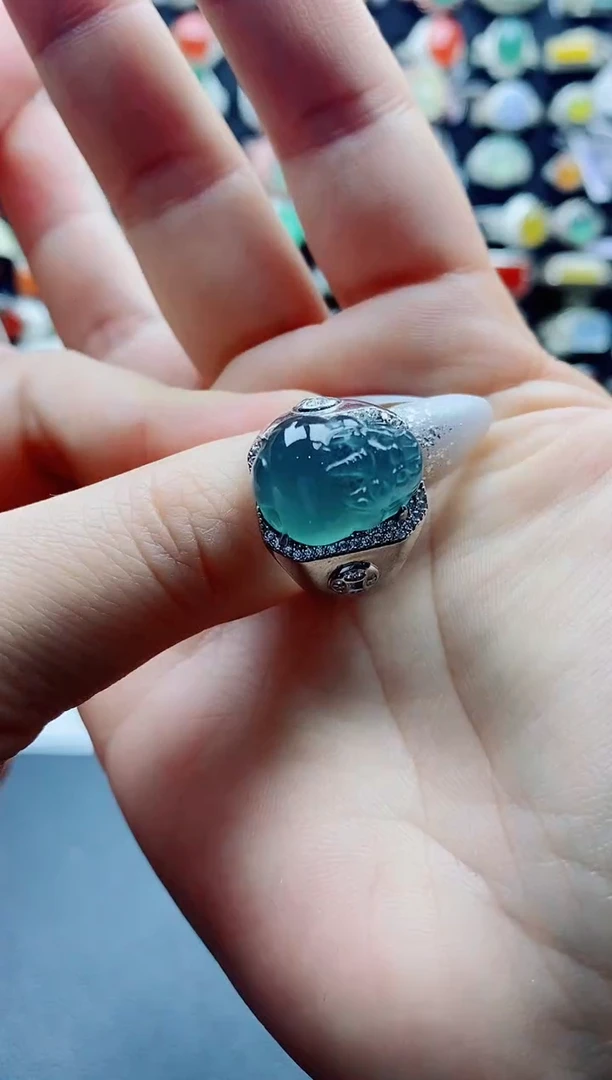 银S925镶嵌戒指翡翠富**天天然翡翠A货男戒