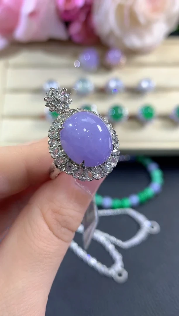 18K金镶嵌戒指翡翠b308 紫货有色差