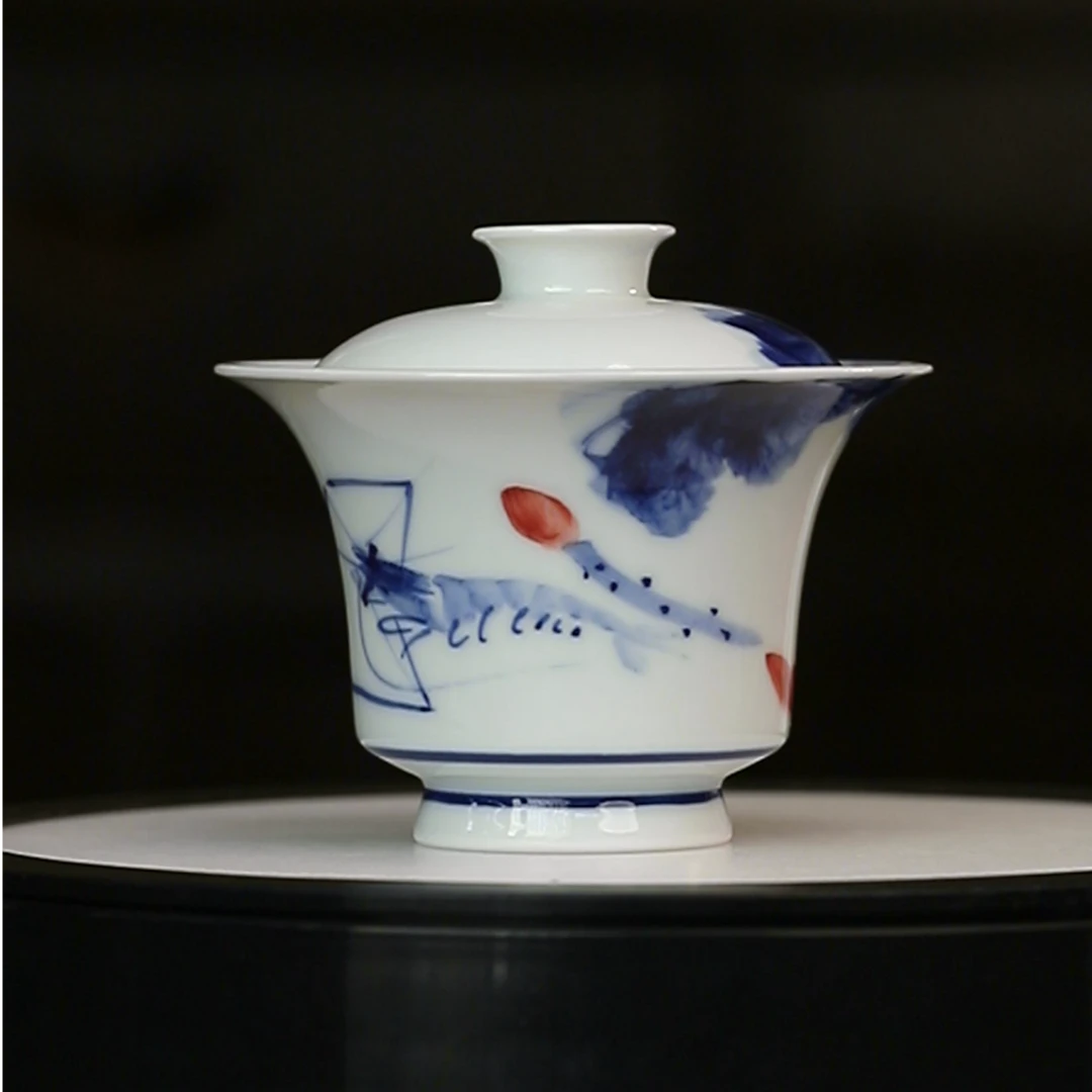 12.24/萧御画虾/青花釉里红内绘盖碗