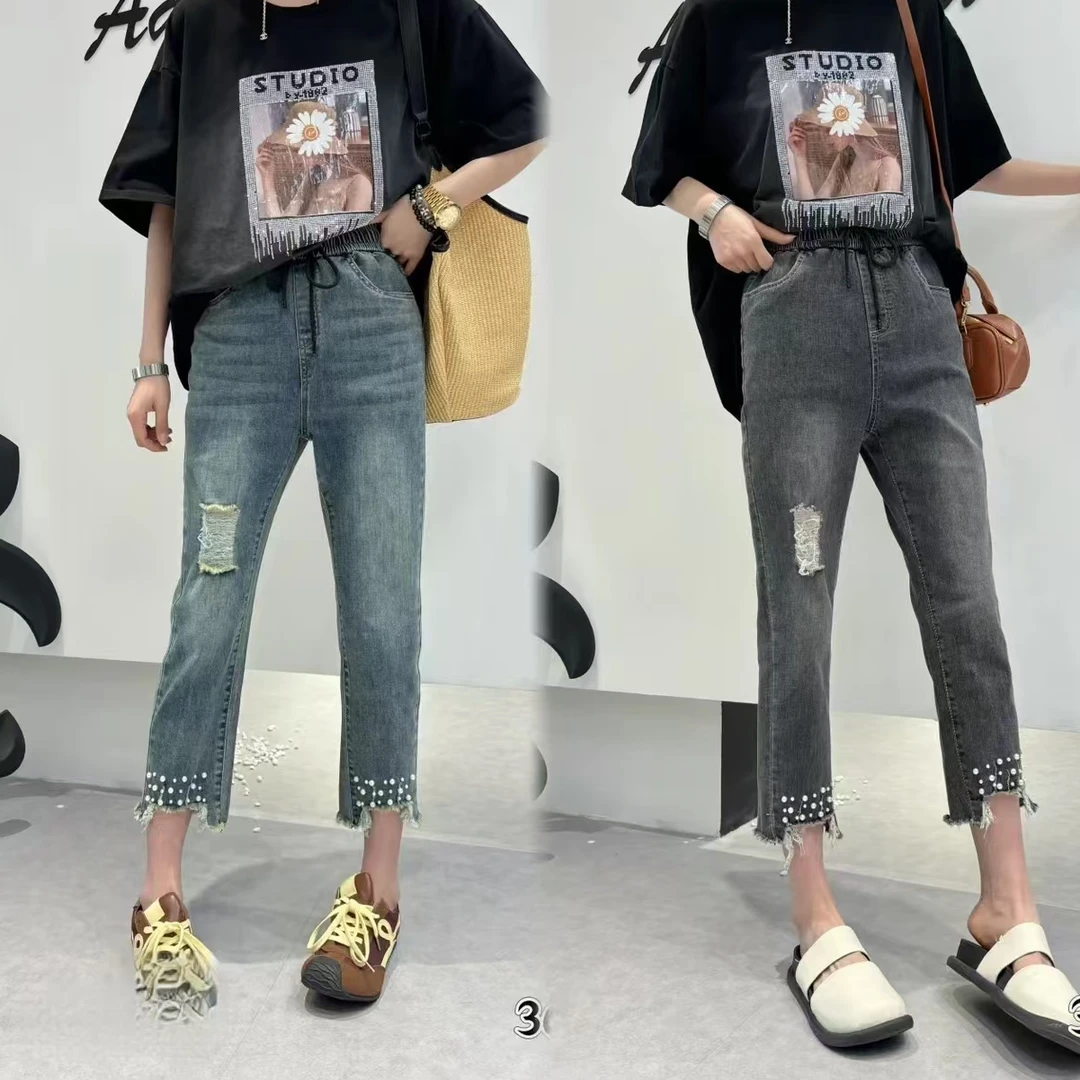 夏季新款大码时尚女牛仔烟管裤3696