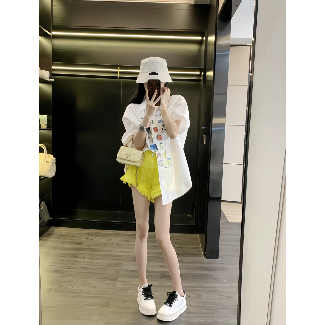 白色短袖纯棉印花衬衫女2025秋季新款韩系宽松百搭防晒休闲衬衣潮