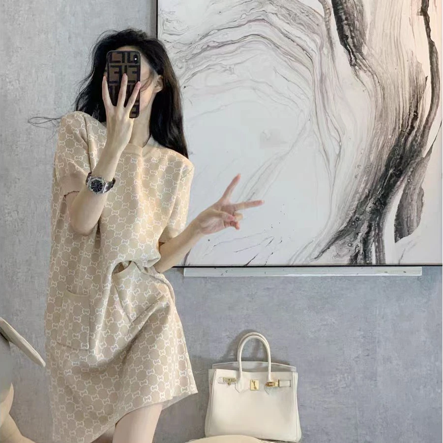 法式夏季小香风针织A字连衣裙气质显瘦中长裙(B6-7)145