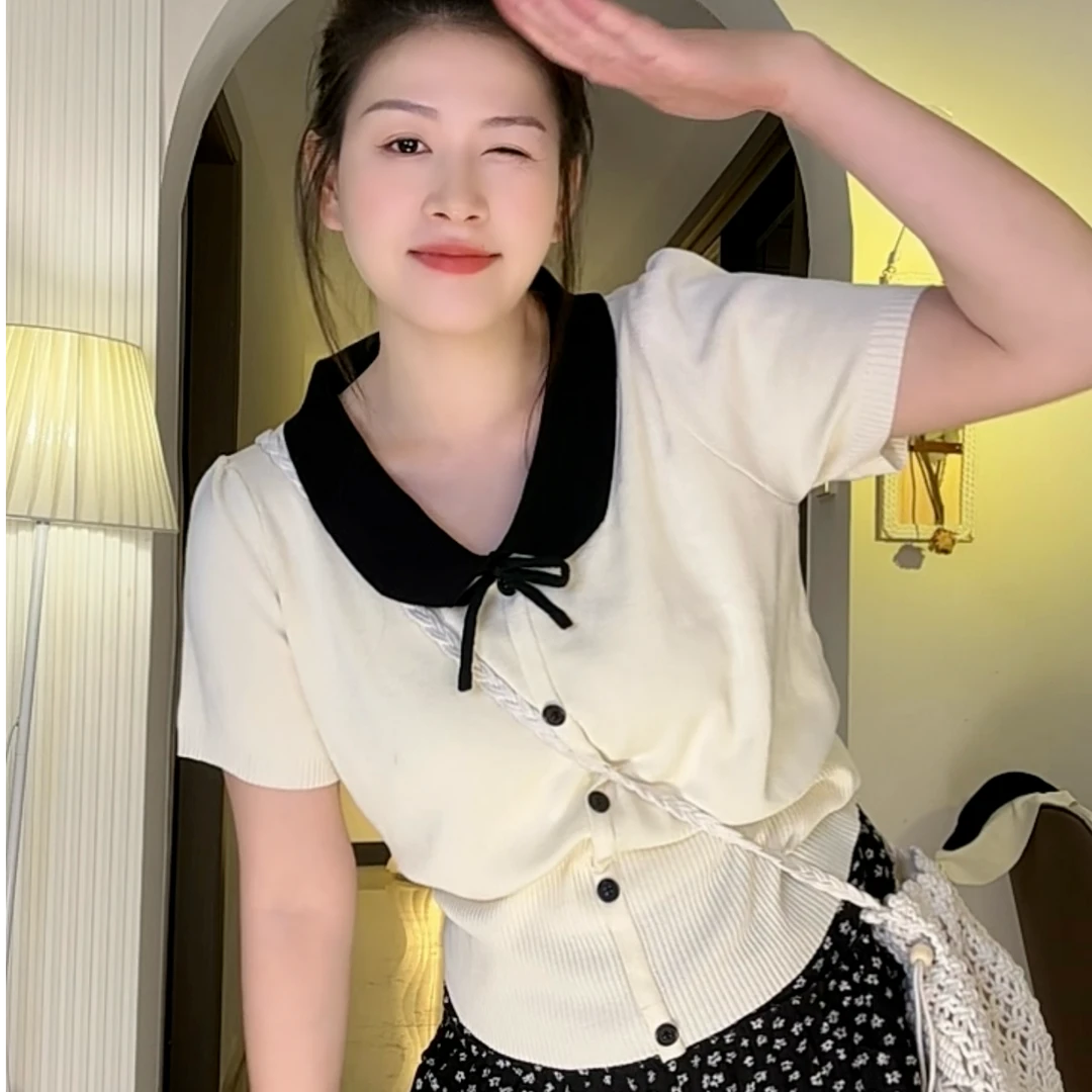 6002 法式娃娃领减龄短袖冰丝针织衫撞色显瘦百搭上衣