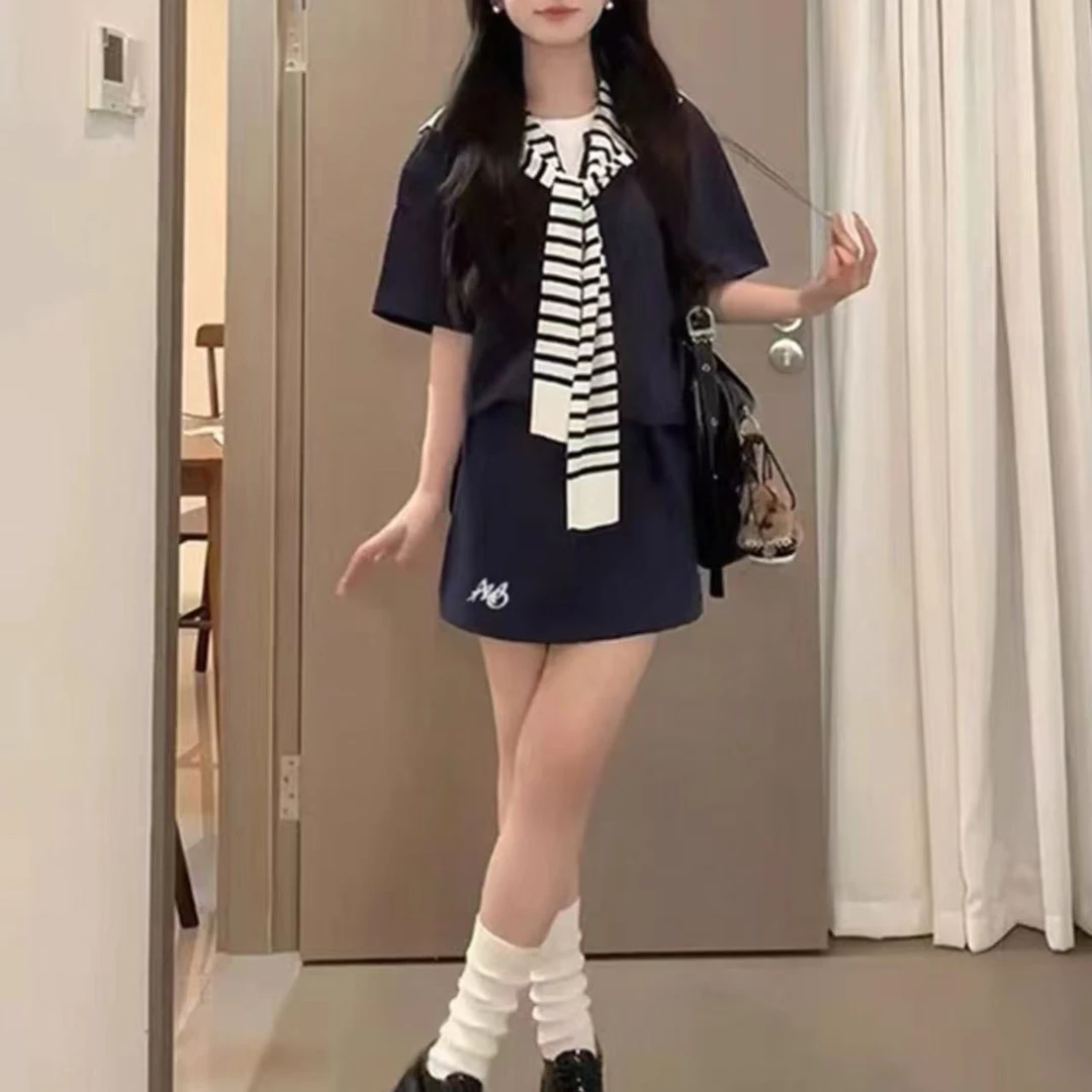 婷婷家学院运动休闲套装女夏季学生显瘦宽松假两件短袖短裙两件套