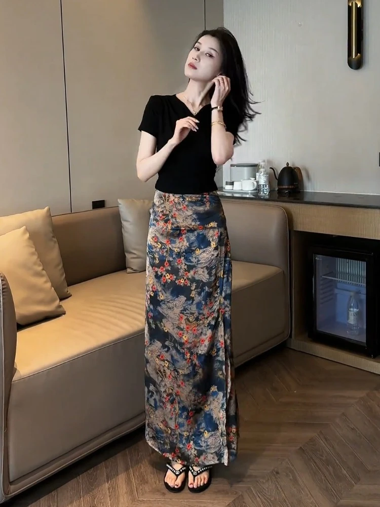 2025新款风情万种绝美巨好看的法式气质高腰印花半身长裙女夏薄款