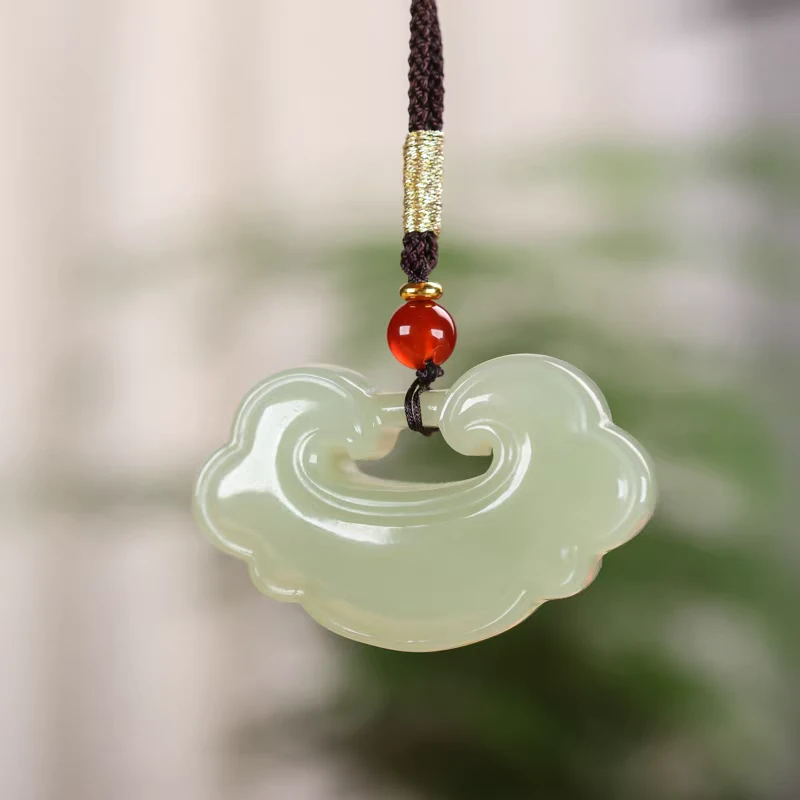 天然和田玉晴水料祥云如意锁吊坠编织绳项链复古时尚款玉石颈饰