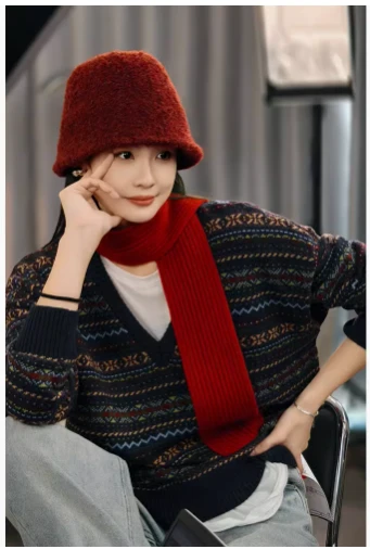 美洋MEIYANG千层酥毛衣 费尔岛提花_老钱V领撞色针织上衣