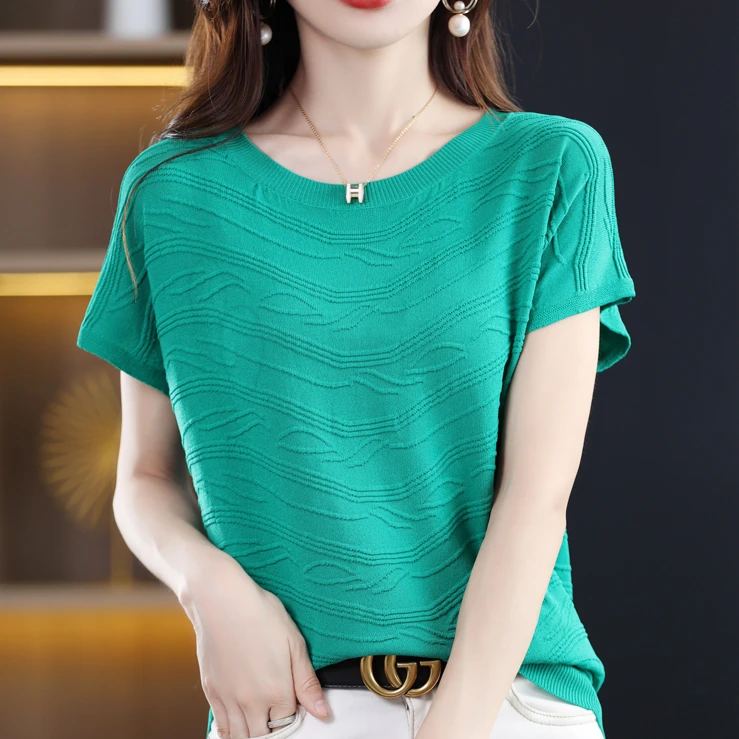 哥弟阿玛施正品休闲针织纯色通勤圆领短袖时尚螺纹洋气薄款T恤女