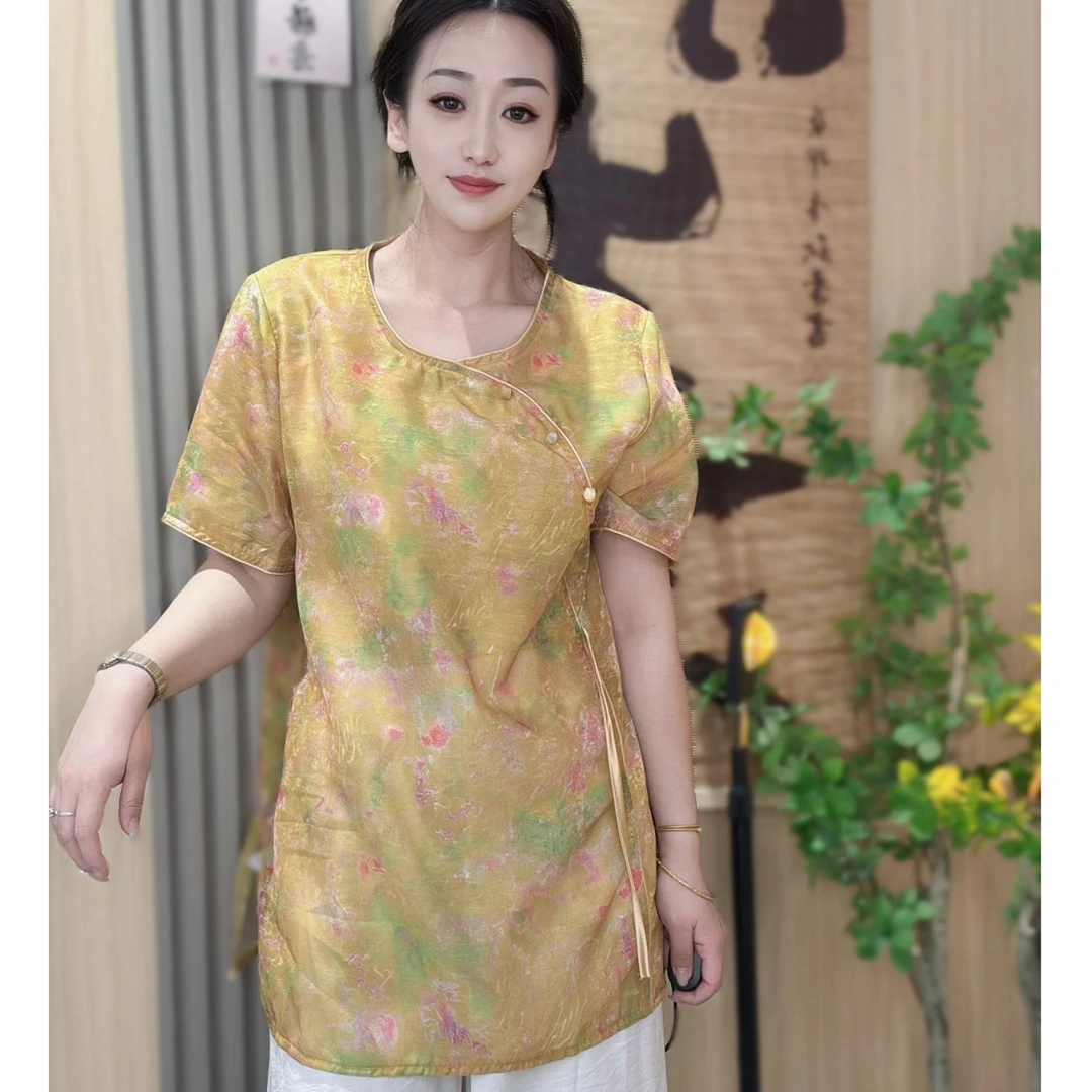 新中式国风圆领套头斜襟盘扣中长款衬衫女2025夏季新款短袖上衣