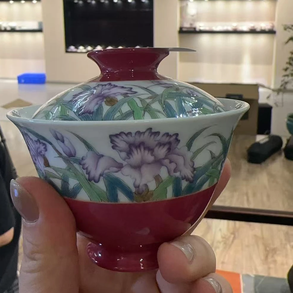 【珽珽溯源】溢珍堂 新款胭脂红鸢尾花盖碗 瓷器茶周边