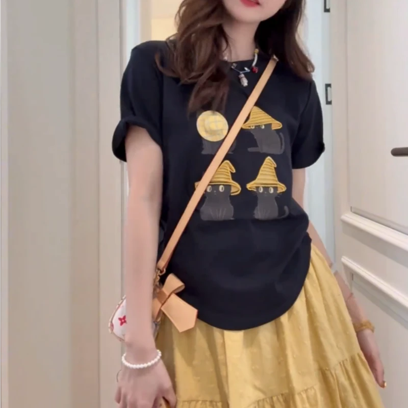 欧洲站2025夏季新款时尚设计感卡通猫咪立体帽子短袖T恤女上衣潮